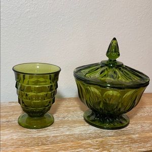 Vintage depression glass candy dishes.